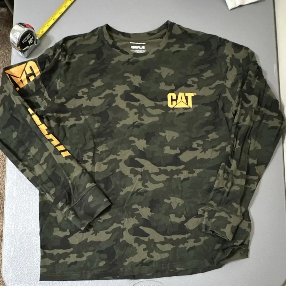 Caterpillar CAT Mens L Green Camo Logo Crew Neck Long Sleeve Cotton Jersey Tee - Picture 5 of 8